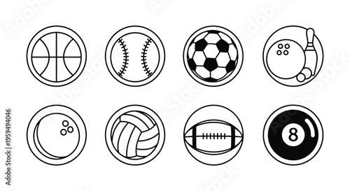 Collection of eight distinct circular line art vector icons representing popular competitive sports equipment designs