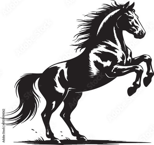 a black horse rearing up on its hind legs with a plain background, suitable for marketing, advertising, and educational materials