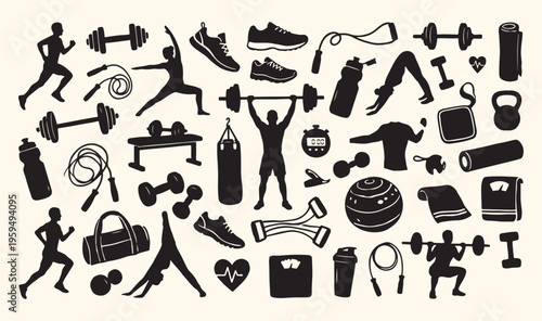 Gym fitness bodybuilding silhouettes set, heavy weightlifting workout icons, athletic performance sports training vector, personal trainer fitness center art, muscle building strength exercise illustr