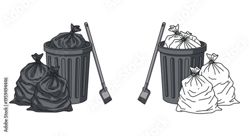 Vector graphic illustration contrasting full black and white trash bags next to garbage cans and brooms
