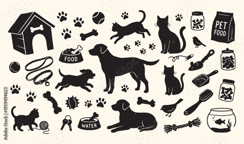 Domestic pets dogs cats silhouette, animal lover veterinary clinic icons, pet care grooming supplies set, paw prints animal welfare vector, dog walking pet ownership art, kitten and puppy animal silho