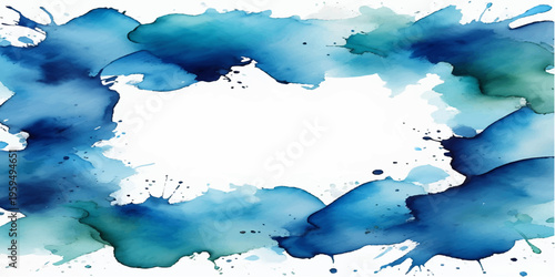An abstract blue watercolor texture vector illustration with a grunge paint splash design on paper featuring a world map shape and artistic ink brush strokes of earth and sky