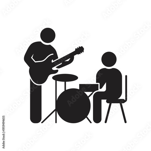 Two musicians playing guitar and drums silhouette
