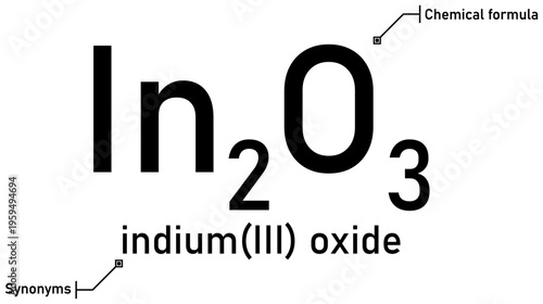 Indium (III) oxide chemical formula with callout titles