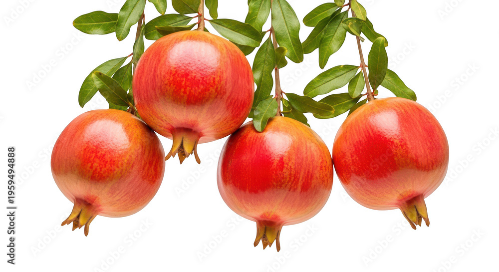 Obraz premium Four red pomegranates hanging from a tree branch