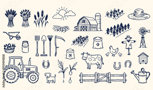Traditional farming rural agriculture doodle, organic farm animals crops icons, countryside landscape farming life set, sustainable agriculture harvest season vector, livestock poultry dairy farm art,