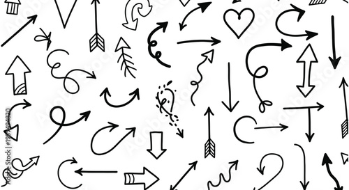 Collection of whimsical hand-drawn arrow and directional doodle icons for graphic design elements