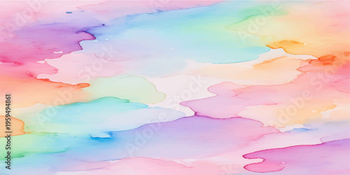 Beautiful abstract watercolor landscape featuring a blue ocean wave under a bright summer sky with soft clouds and a sunset horizon