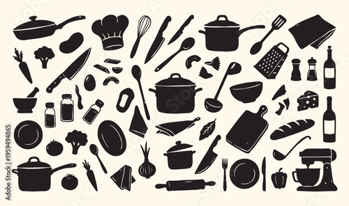  Kitchen utensils cooking tools silhouette, culinary arts restaurant equipment icons, homemade meal preparation supplies set, chef tools kitchenware cooking art, healthy food recipe preparation vector