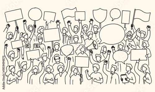 Public protest activism human rights, social movement community demonstration doodle, political rally freedom of speech, activists marching for justice icons, crowd people power social change, strike 