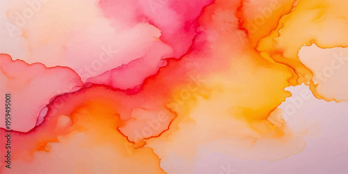 Abstract watercolor painting with a colorful grunge texture featuring orange and pink brush strokes on vintage paper to create an artistic fire cloud backdrop