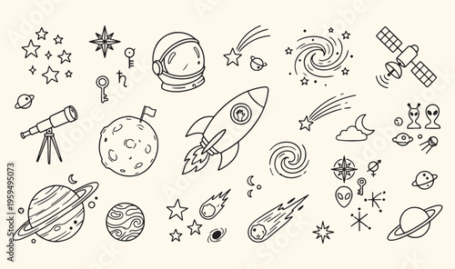 Cosmic space exploration astronaut doodle, rocket launch mission universe icons, planetary system galaxy science set, moon landing extraterrestrial travel vector, star gazing astronomy telescope art, 