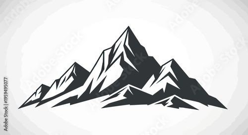 Stylized silhouette of jagged, snow-capped peaks against a faded white background