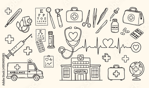 Medical healthcare hospital services doodle, doctor consultation patient care icons, pharmaceutical medicine health checkup set, emergency first aid equipment vector, health insurance wellness medical