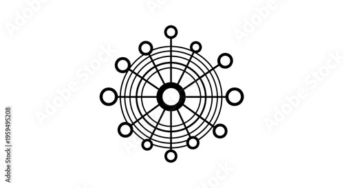 Black abstract circular design with radiating lines and connected outer circles