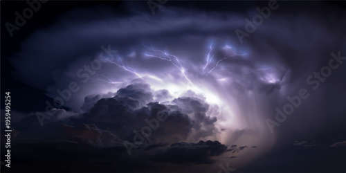 A dark night sky reveals a distant planet through a storm of clouds where moonlight breaks the atmosphere over a blue landscape