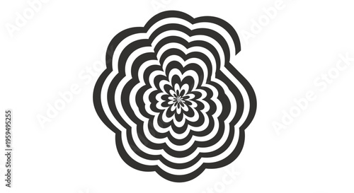 Abstract optical illusion with black and white concentric, floral-like shapes