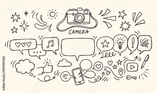  Professional photography creative media doodle, digital camera filming equipment icons, content creation vlogging tools set, social media marketing visual art, videography production studio vector ar