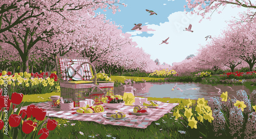 Serene springtime picnic setup with a basket, food, and drinks on a blanket amidst vibrant tulips and cherry blossoms near a tranquil pond with flying birds.