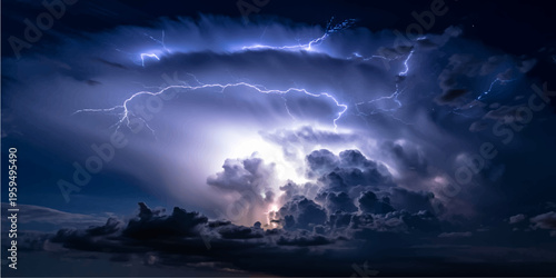 A powerful storm brings striking lightning over the dark city landscape as bright bolts pierce through the evening clouds and night atmosphere