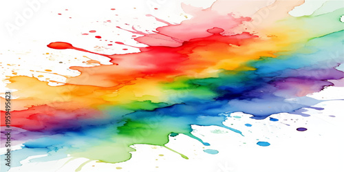 Abstract colorful watercolor background featuring an artistic splash of rainbow paint with a grunge brush texture and ink splatter design on paper