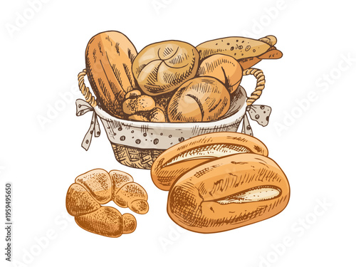 Hand drawn vintage sketch of bread basket with buns loaf baguette and croissant in brown color bakery illustration