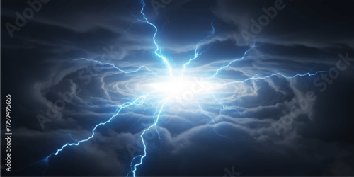 A powerful blue electric bolt strikes through the dark stormy clouds, illuminating the night sky with a flash of nature's dangerous energy during a heavy thunderstorm