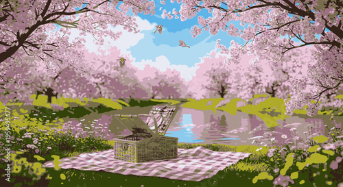 Serene outdoor picnic setup with a checkered blanket, wicker basket, and serene pond surrounded by lush greenery and vibrant pink cherry blossom trees under a blue sky with fluffy clouds.
