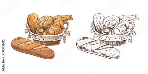 Hand drawn vintage sketch of bread basket with buns loaf and baguette plus separate bread in color and monochrome
