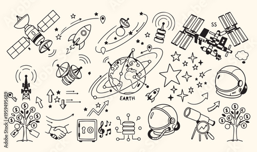 Outer space exploration astronomy doodle, galaxy planets stars universe illustration, rocket ship satellite cosmic voyage, solar system science education icons, astronaut orbit celestial bodies set, d