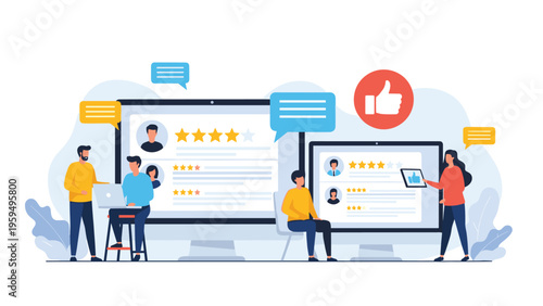 Online reputation management featuring users reviewing profiles and providing star ratings on large digital screens.