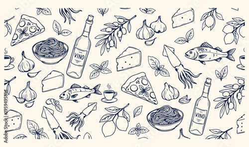 Italian cuisine Mediterranean food doodle, traditional pizza pasta cooking icons, fresh seafood healthy diet set, restaurant menu gourmet food art, cooking ingredients culinary arts vector, European d