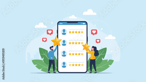 Customer feedback and online ratings concept with people giving five star reviews on a giant mobile smartphone.