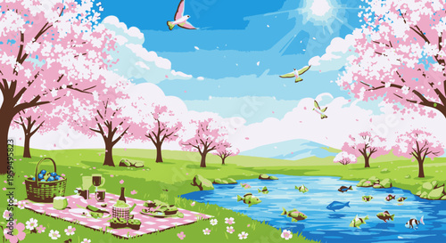 Illustration of a serene park scene with cherry blossom trees, a pond with ducks, and a picnic area under a sunny blue sky with fluffy clouds.