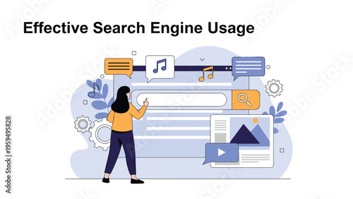 Effective search engine usage and digital information retrieval concept with woman searching for multimedia content.