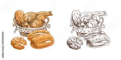 Hand drawn vintage sketch of bread basket with buns loaf baguette croissant and separate bakery elements in color and monochrome