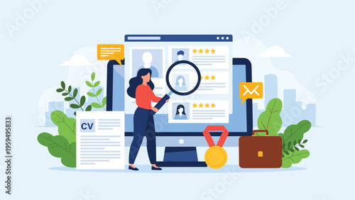 Human resources recruitment and job search concept with professional woman examining candidates profiles through a lens.
