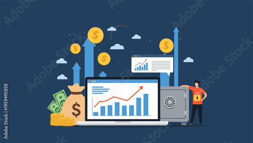Professional wealth management and investment growth concept with laptop showing data charts near money bags and safe.