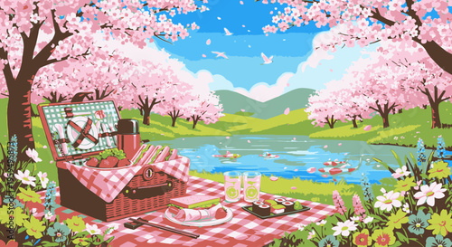 A serene lakeside picnic setup under blooming cherry blossom trees with a red and white checkered blanket and a wicker basket on a sunny day.