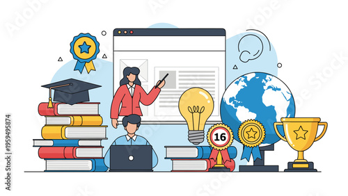 Academic success and global education concept with student using laptop surrounded by books, globe and trophies.