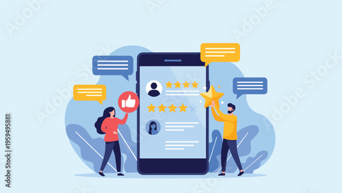 Mobile customer feedback and user rating system with people interacting with star reviews on a large smartphone.