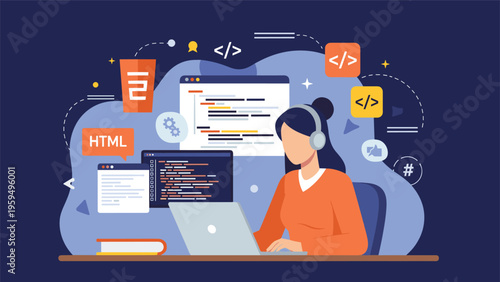 Expert software engineer with headphones coding a new website and application with various programming language icons floating around.