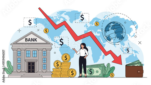 Economic analyst presenting a report on the global financial crisis and falling market values near a bank building and empty wallet.