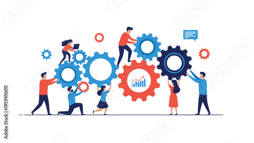 Diverse team of professionals working together to rotate large interlocking gears symbolizing successful business process and synergy.