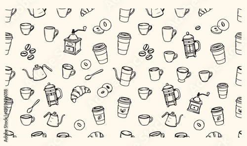 Coffee shop cafe culture doodle, morning breakfast beverage caffeine icons, barista tools coffee brewing set, espresso latte cappuccino drink art, coffee beans bakery pastry vector, cafeteria restaura