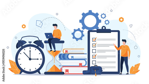 Overwhelmed student managing deadlines and academic tasks near a giant alarm clock, hourglass, and a long document checklist.