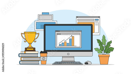 Professional desktop workspace featuring a laptop with financial growth charts, a success trophy, and academic reference books.