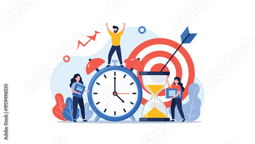 Motivated team achieving goals and meeting deadlines around a giant alarm clock, hourglass timer, and a targeted archery board.