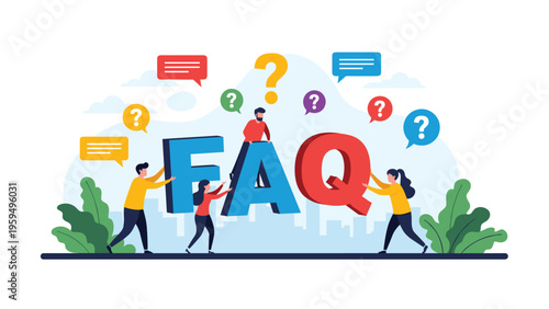 Customer support team assisting users with frequently asked questions represented by large FAQ letters and colorful chat bubbles.