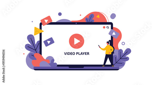 Content creator promoting video content on a laptop screen with a modern interface and various multimedia play button elements.